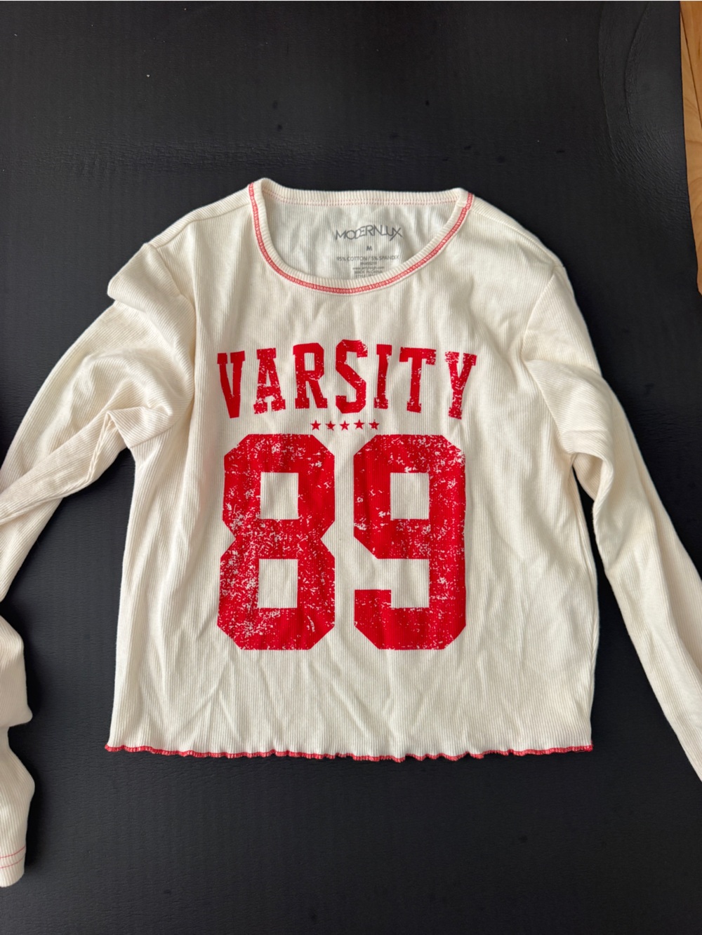 Modern Lux Cream Long Sleeve Top with Red Varsity '89' Print